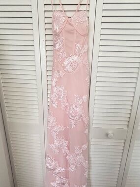 Sheer Lace Appliqué Pink Slip Dress